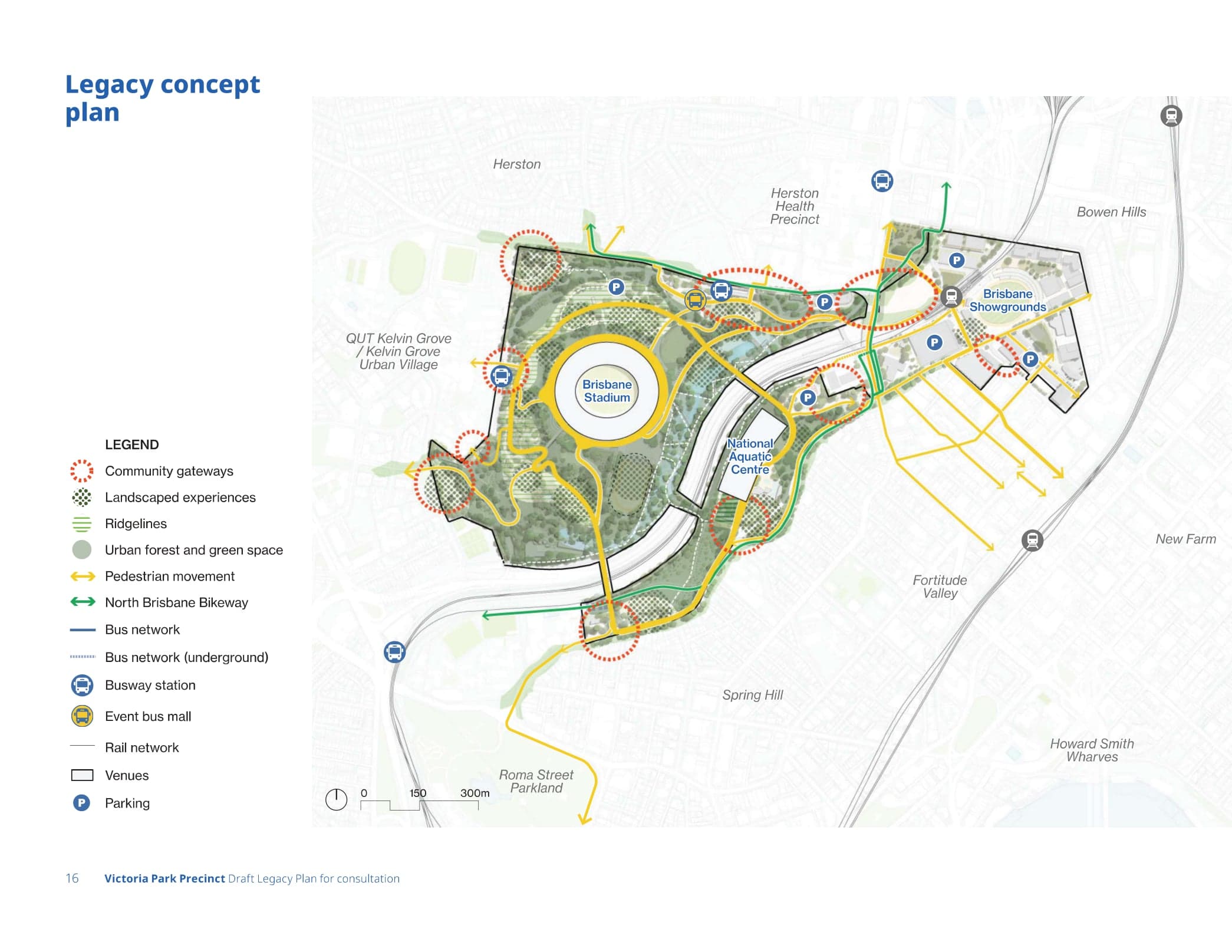 Legacy concept plan showing community gateways, pedestrian movement, bus and rail networks and parking around the precinct.