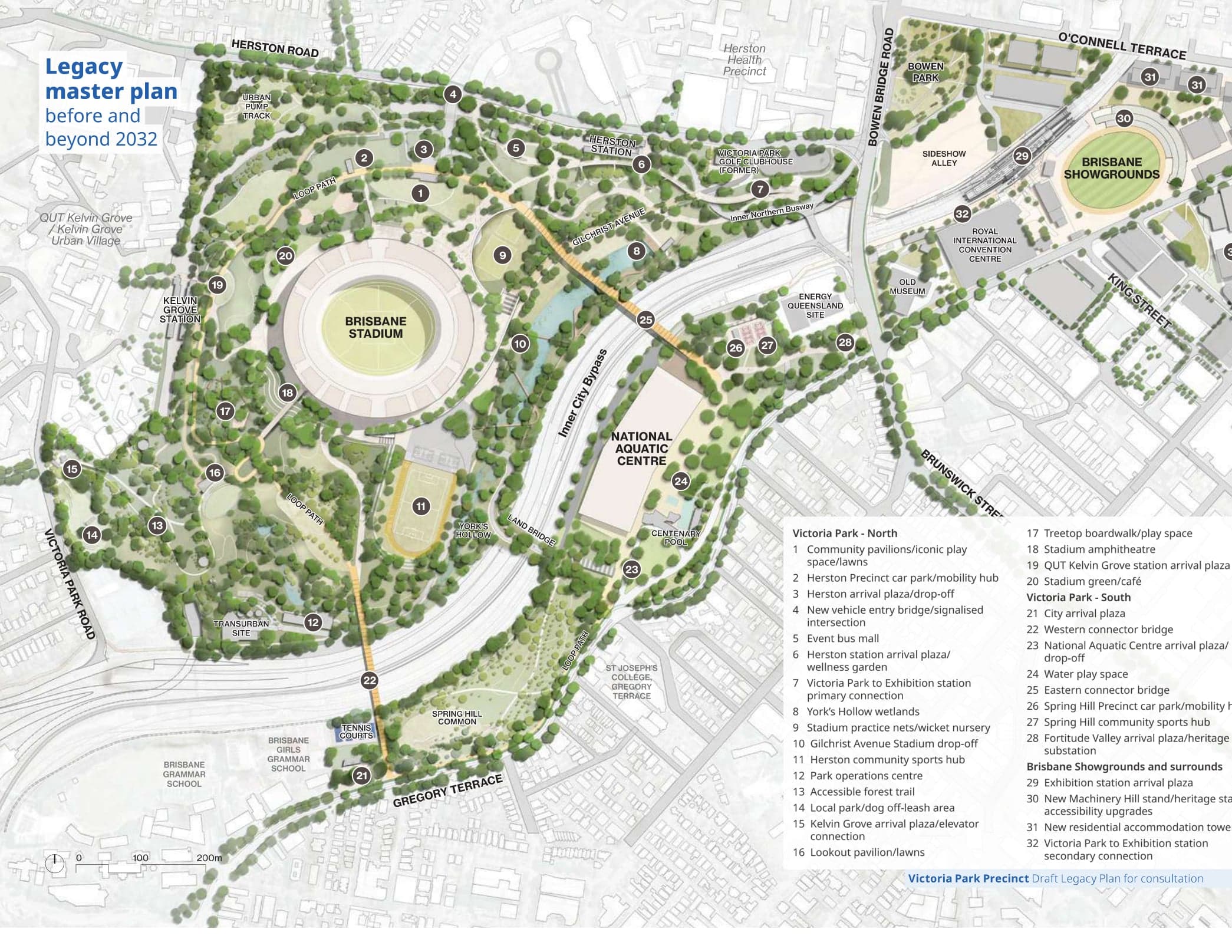 Legacy master plan of the Victoria Park precinct showing Brisbane Stadium, the National Aquatic Centre, Centenary Pool, the Showgrounds and 32 numbered park and access elements.