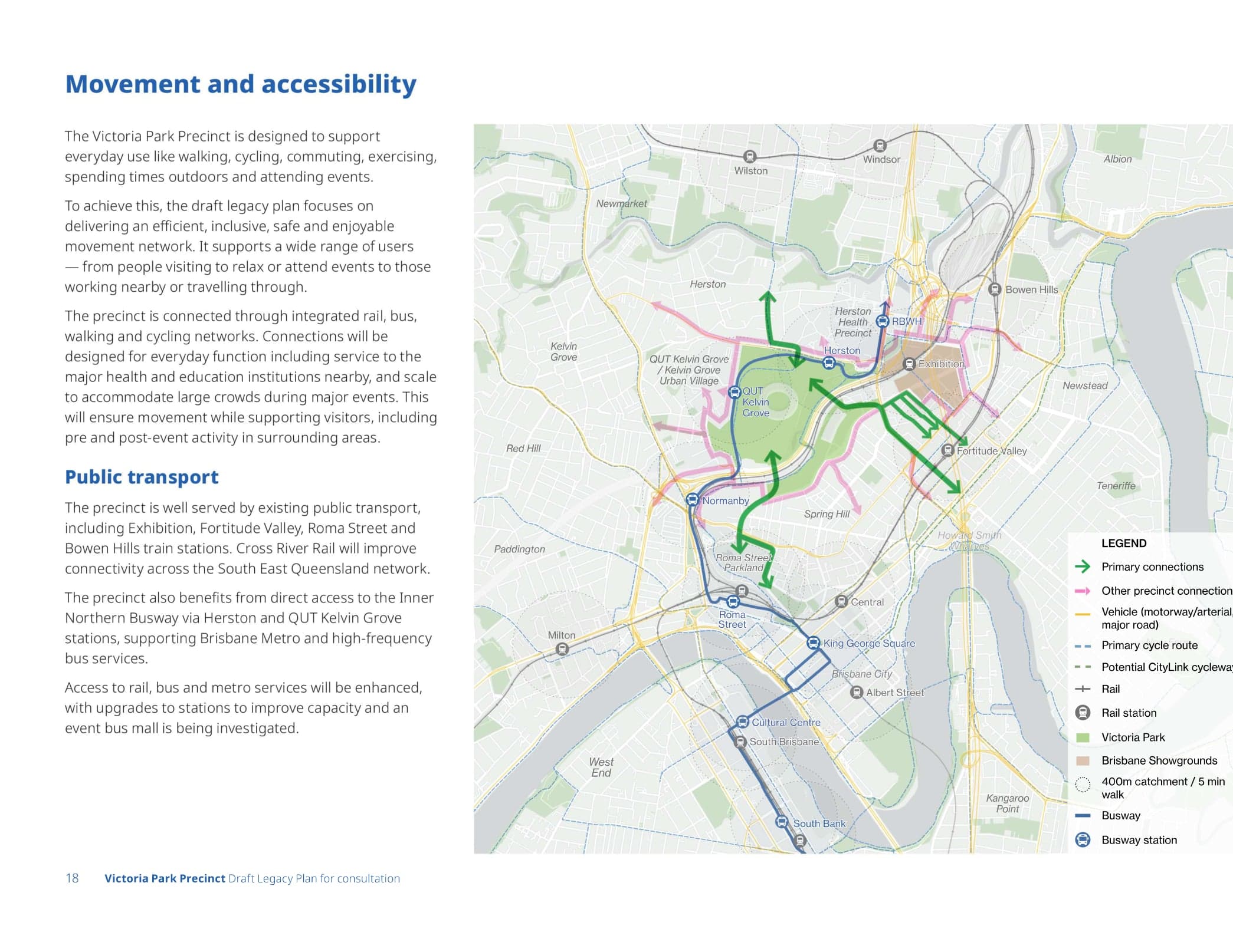Movement and accessibility map of inner Brisbane showing primary connections, rail, busway and cycle routes to Victoria Park.
